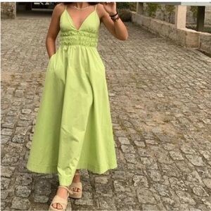 •Zara• lime green poplin a-line midi dress